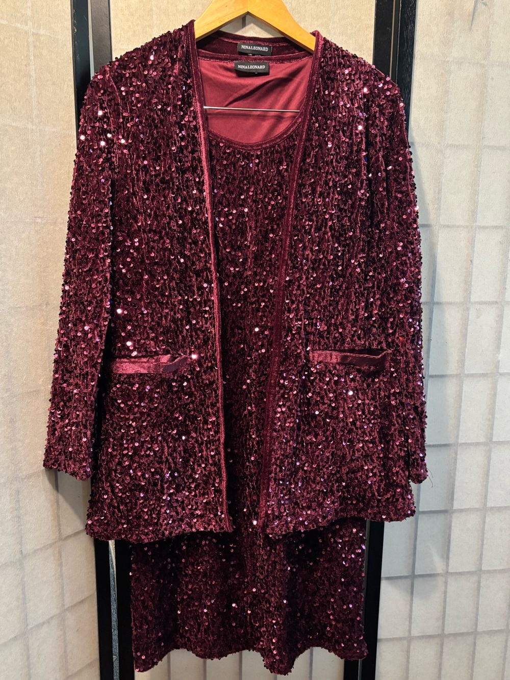 NINA LEONARD Vintage Sequin Burgundy Lined Dress & Jacket Set